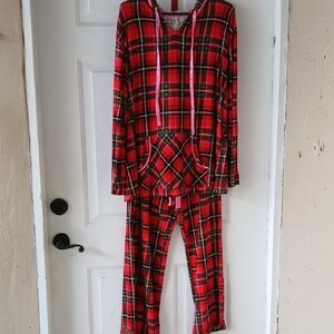 Red Plaid Hooded Pajama Set with Pocket